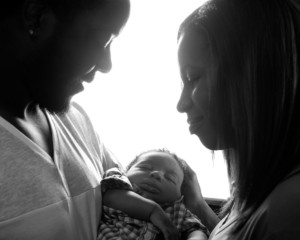 Black and White Portrait of Mom, Dad, and Baby