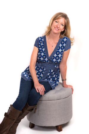 Woman in blue on a white background