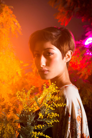 Multicolored Mimosa fashion portrait