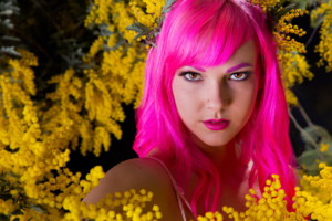 Girl with pink hair and Mimosa blossoms