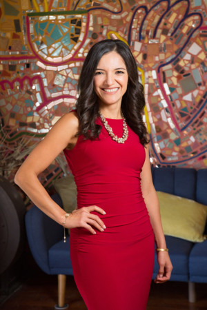 Woman in red on mosaic background