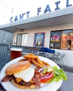 Burger with Fried Egg and Onion Rings